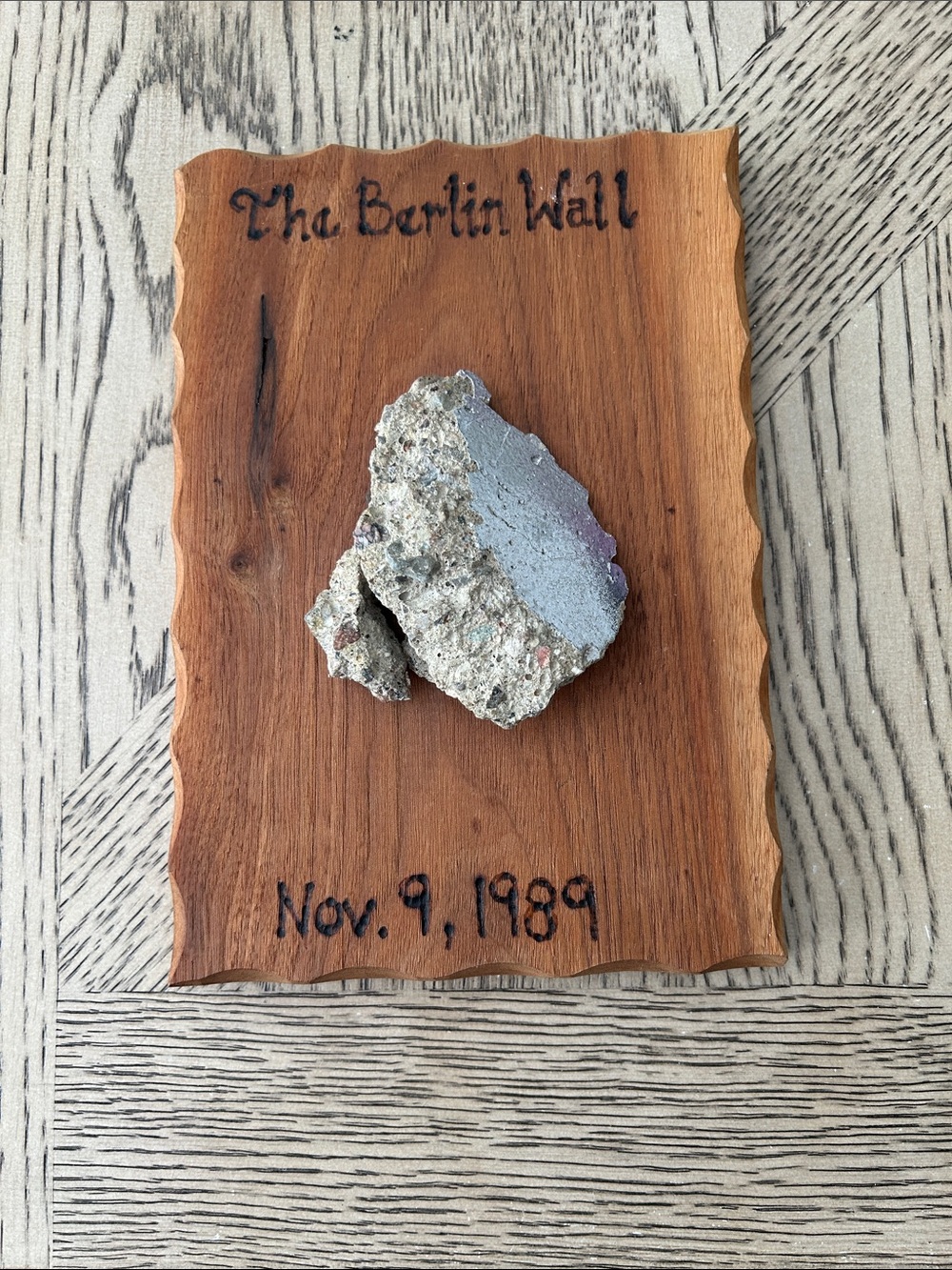 Berlin Wall Concrete Fragment Plaque - Wooden Display